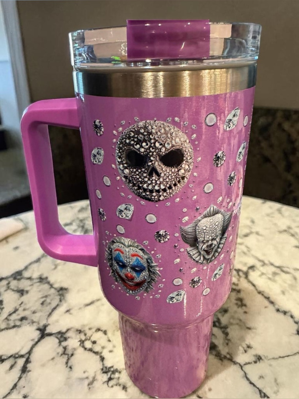 Horror Hand Crafted Pink Skull & Clown Decorative Travel Mug NEW IN BOX W STRAW